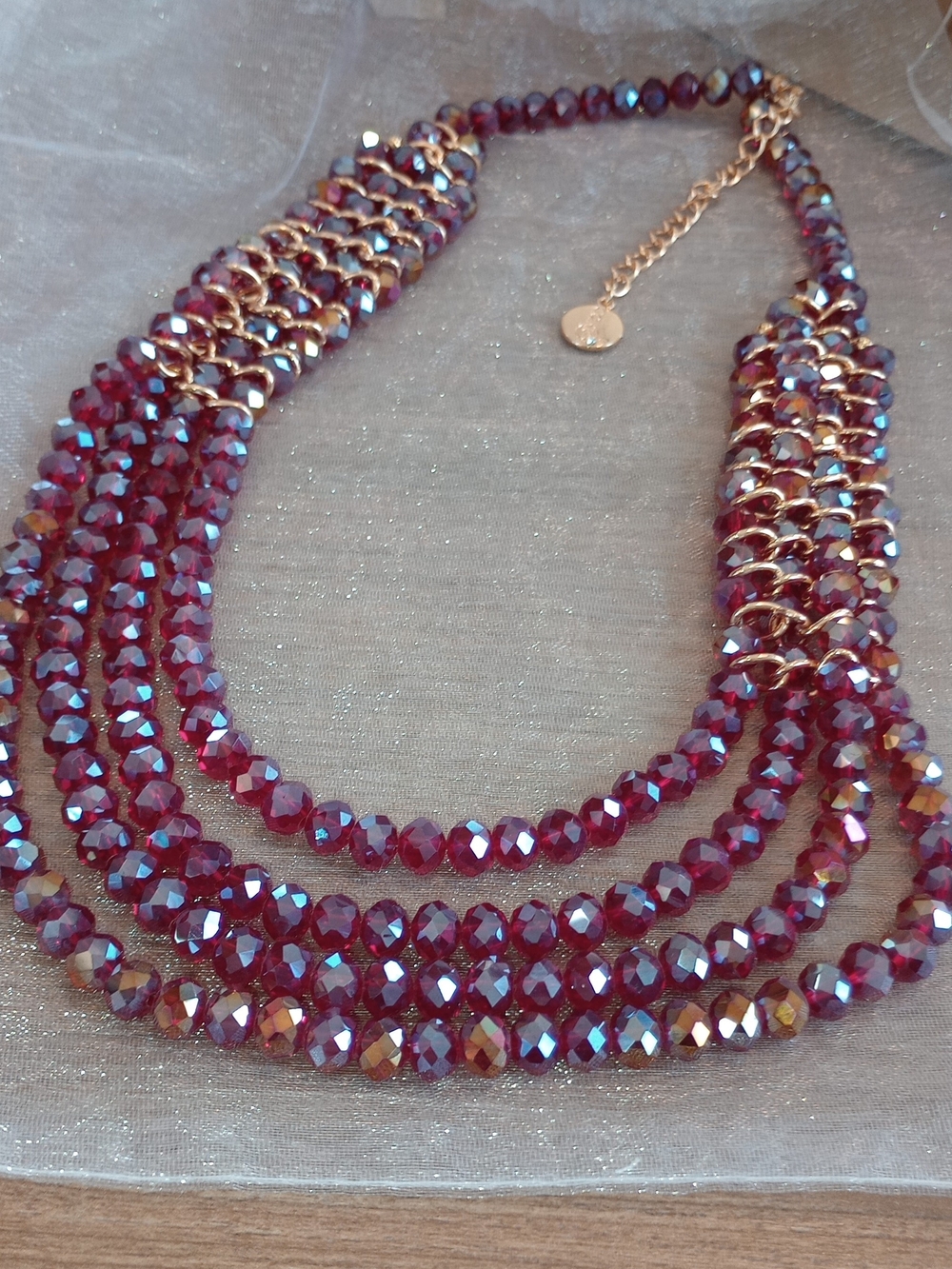 🎈🎈 Ruby Red/Gold Tone Faceted Crystal Necklace/Aurora Borealis/Necklace - Picture 7 of 12